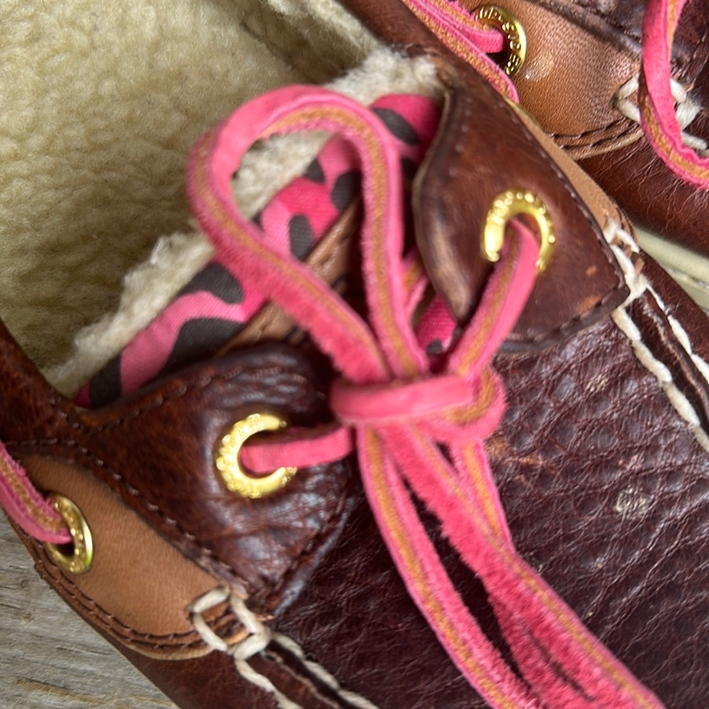 Sperry Brown Boat Shoes with Pink Leopard Print Sz women’s 6 M - Picture 9 of 10
